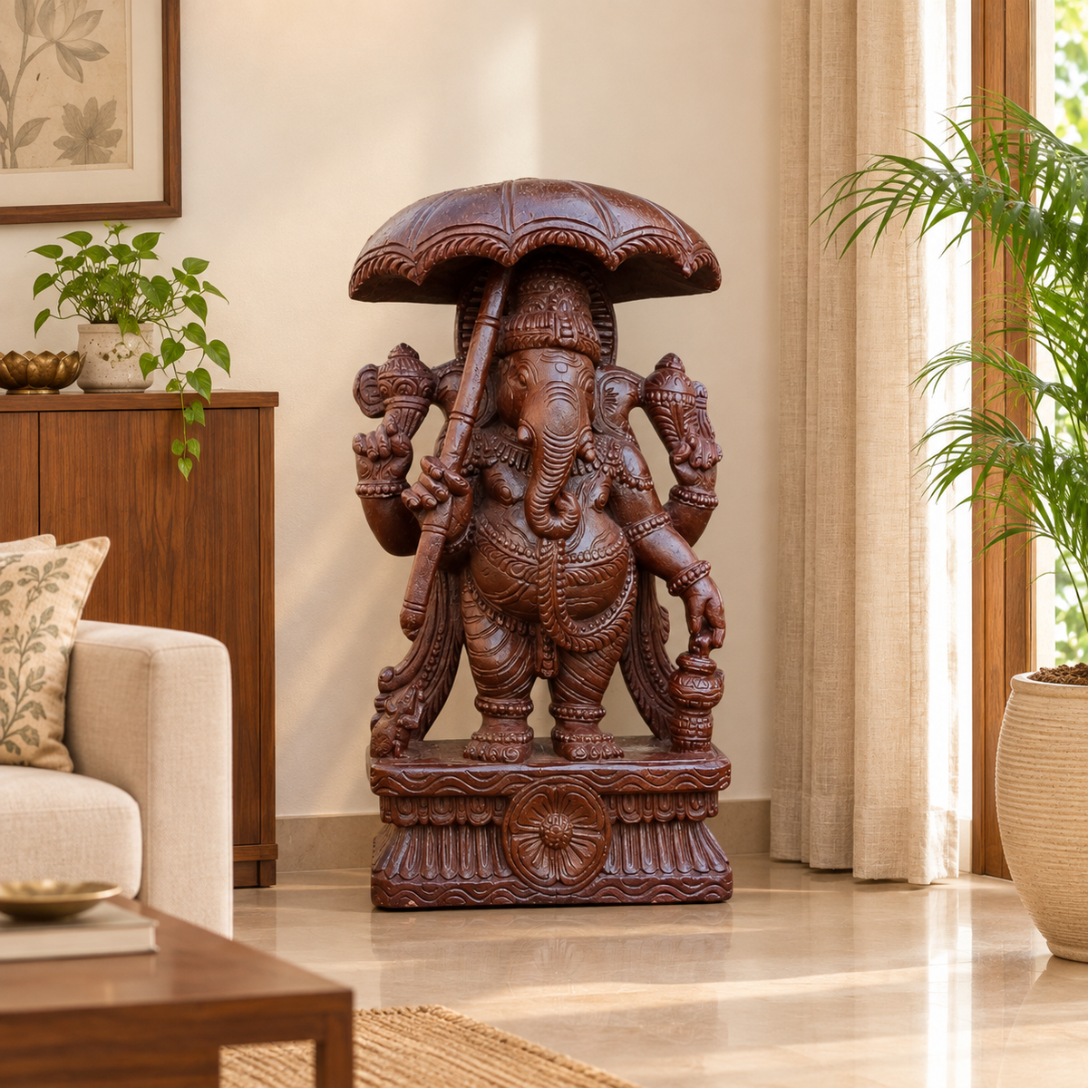 lord ganesha with umbrella wooden sculpture 3ft