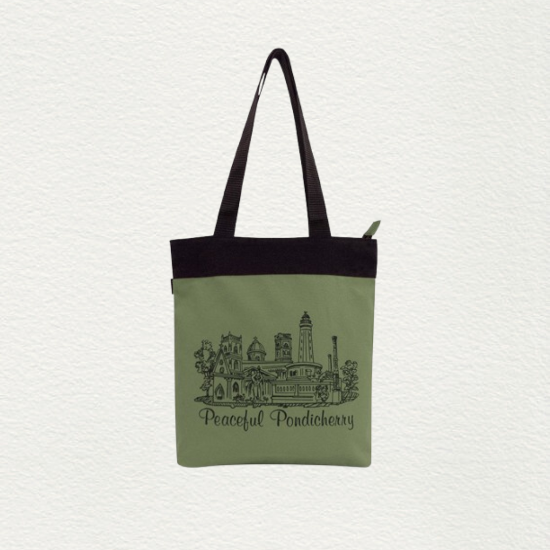 Cotton Canvas Printed Souvenir Green Bag - Pondicherry