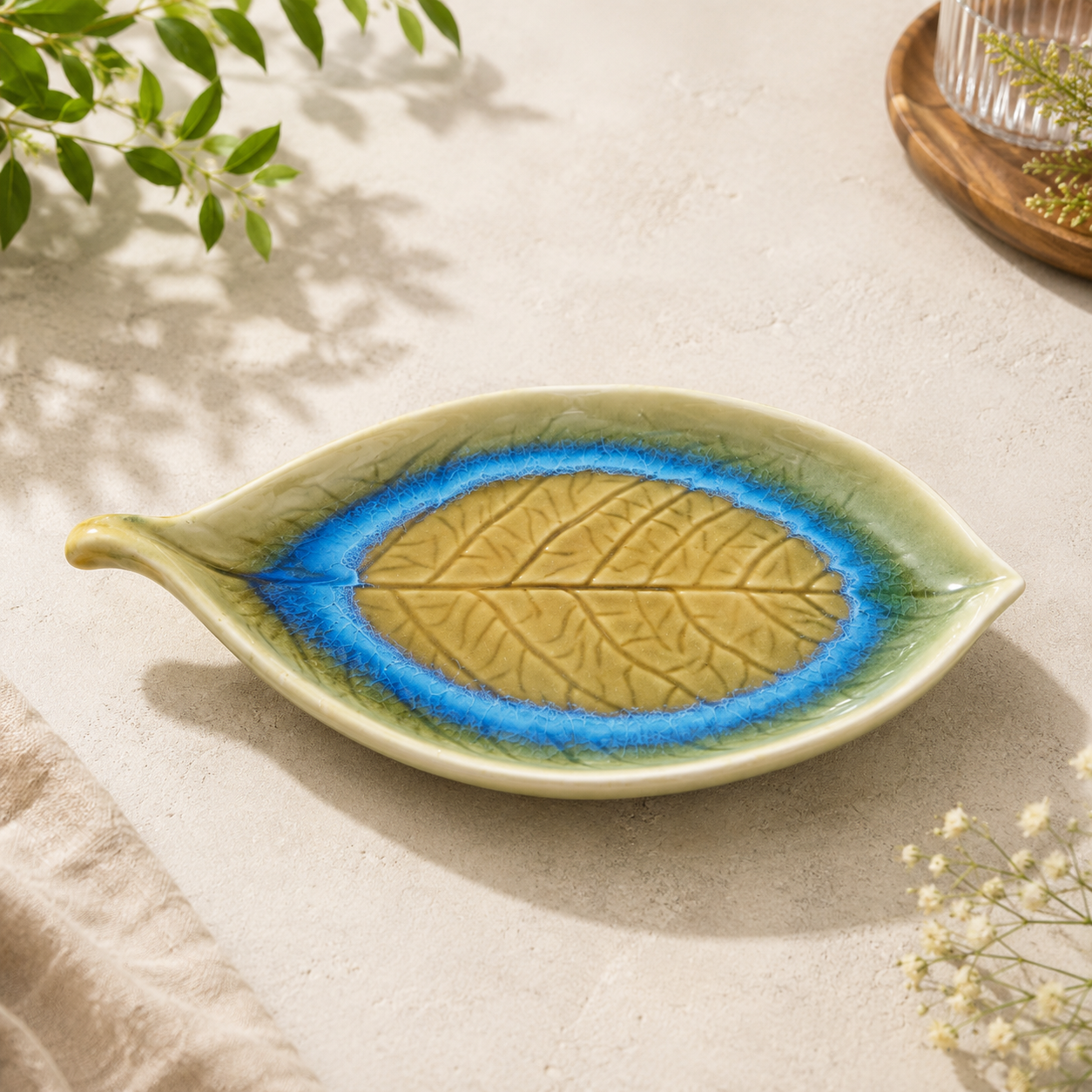 aura handmade ceramic leaf platter | artisan serving dish