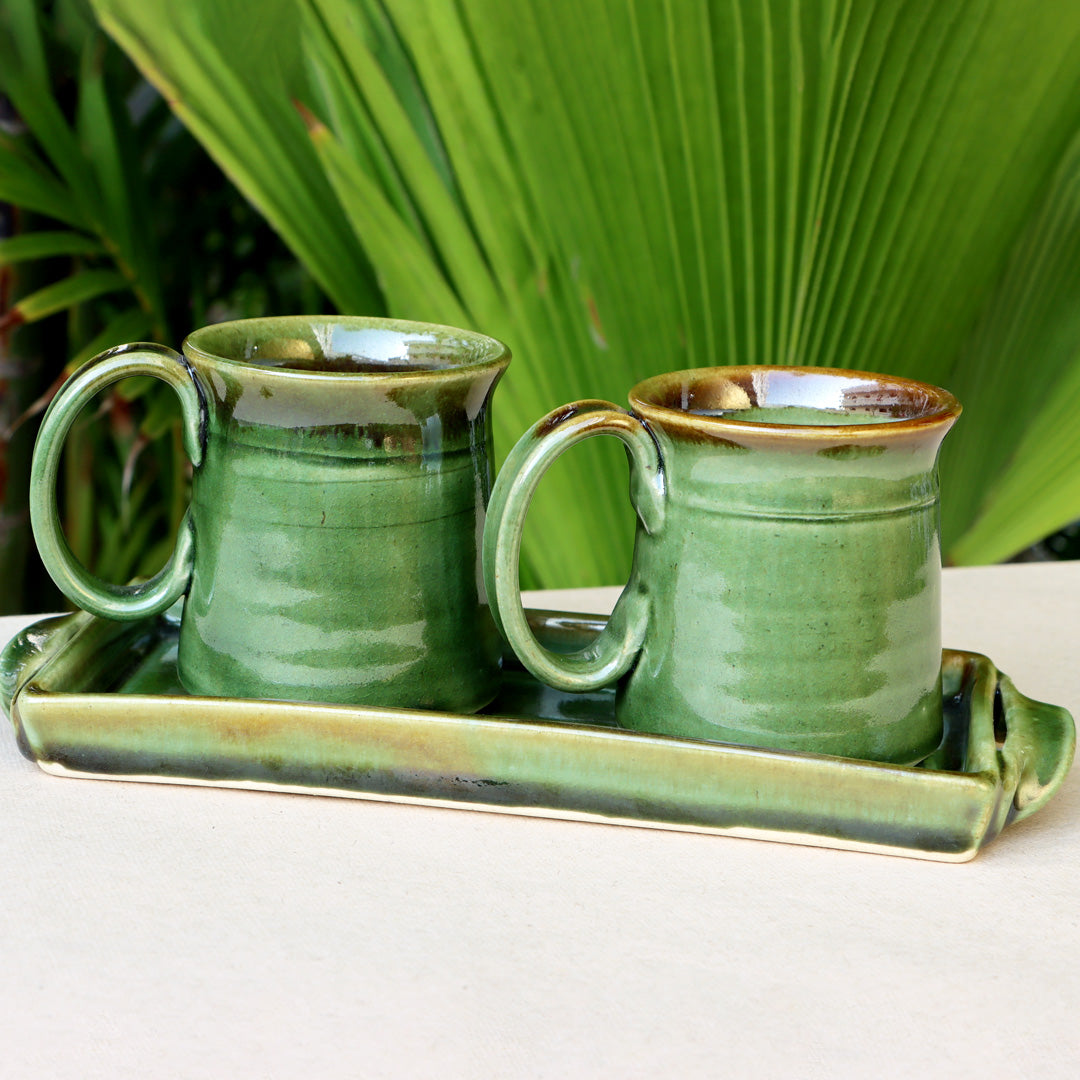 Green Handmade Studio Pottery Mugs and Tray set Aura Experience Store