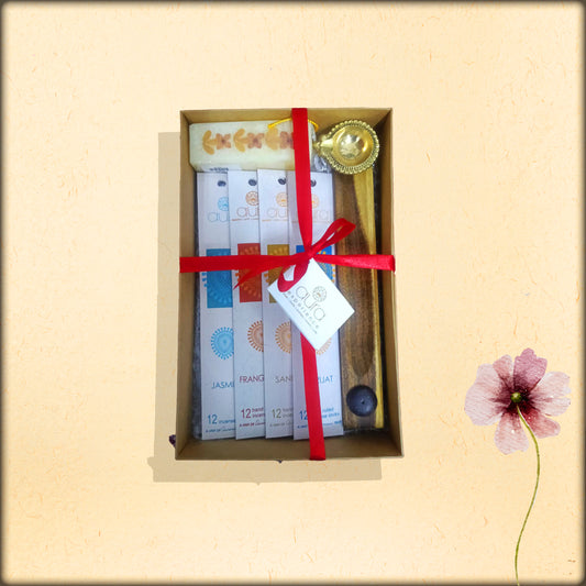 aura gift of fragrance & light collection | incense, diya & handmade candle set