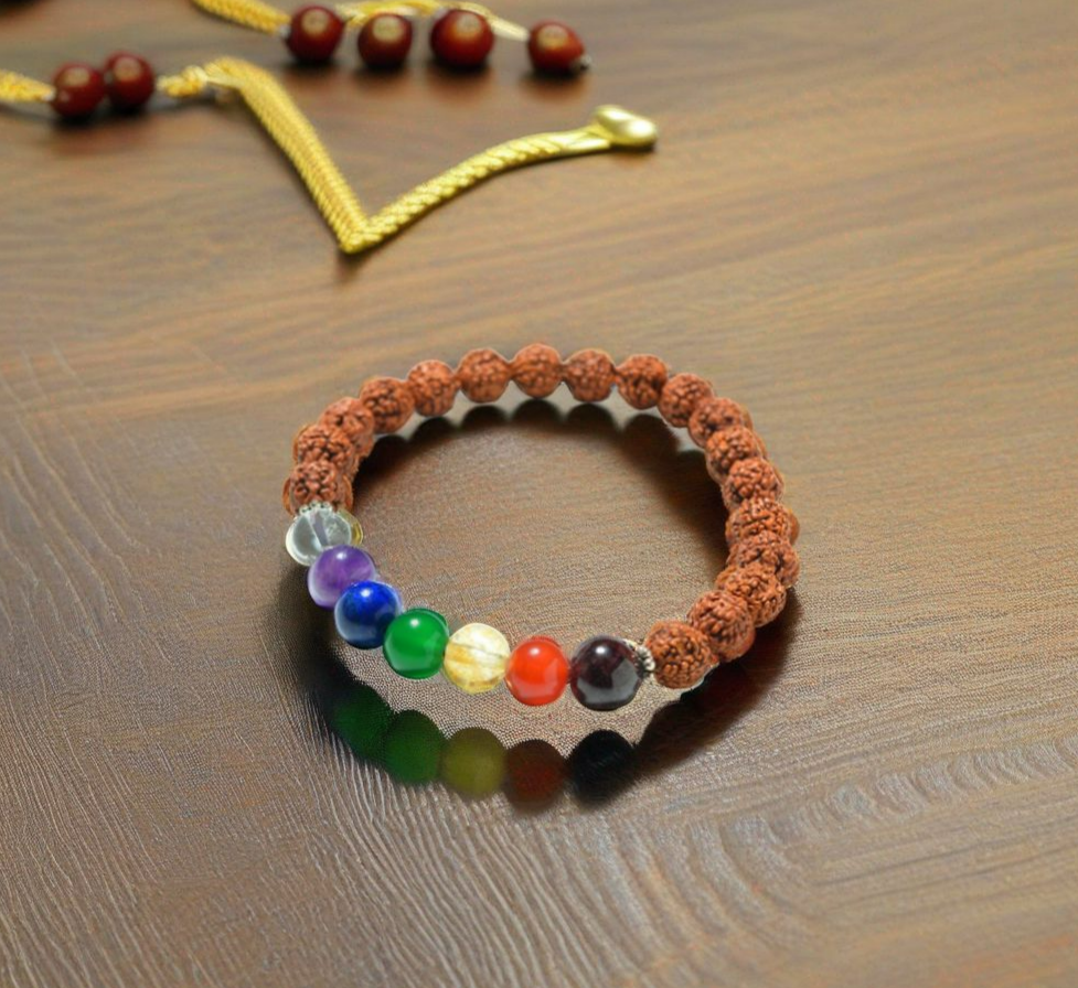 natural rudraksha bracelet in silver with 7 chakras gemstones