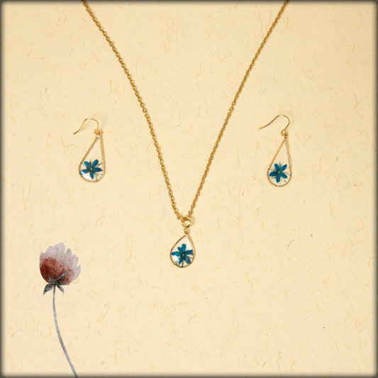 aura handcrafted blue nigella preserved flower jewellery set