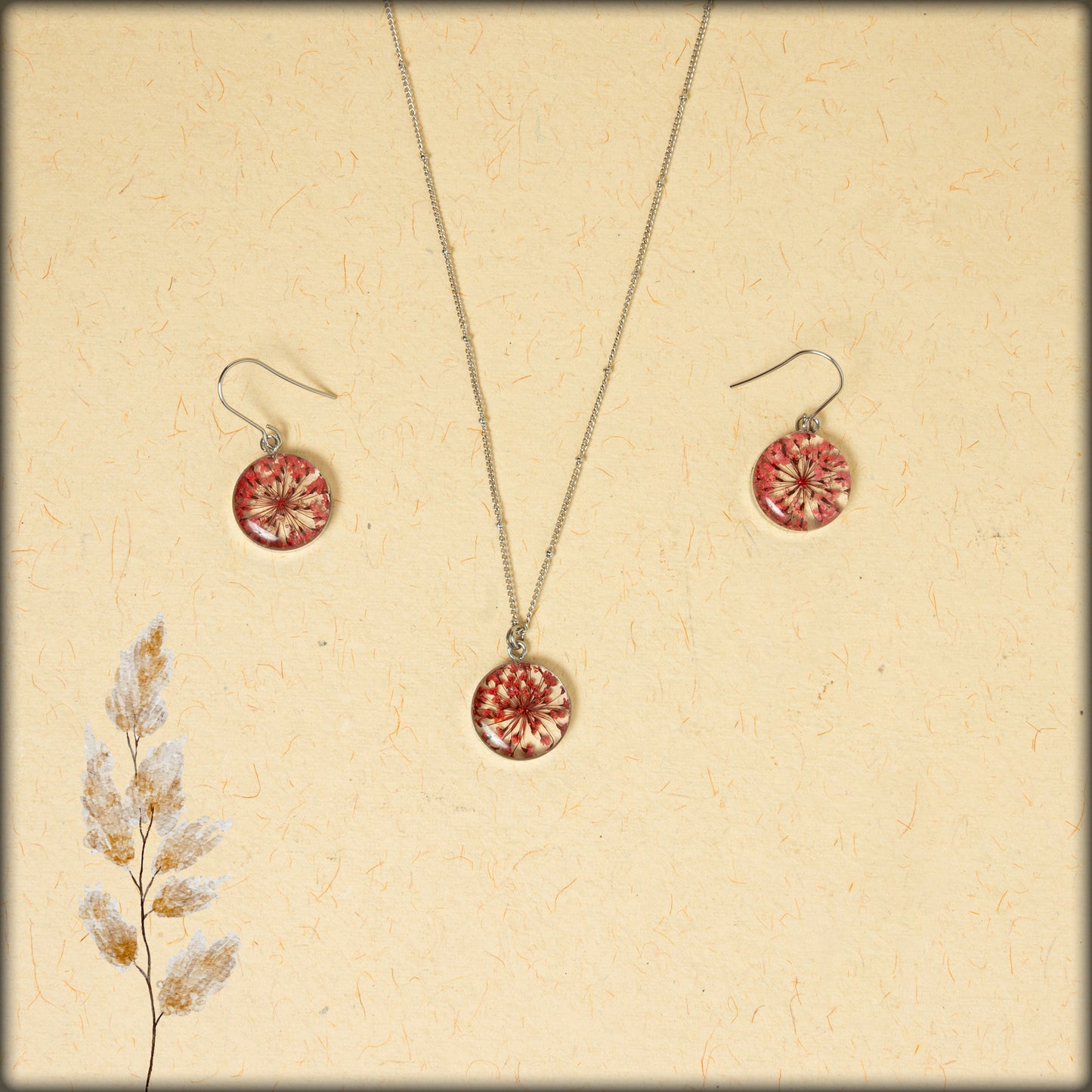 aura handcrafted red ammi majus preserved flower jewellery set