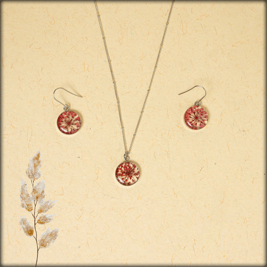 aura handcrafted red ammi majus preserved flower jewellery set