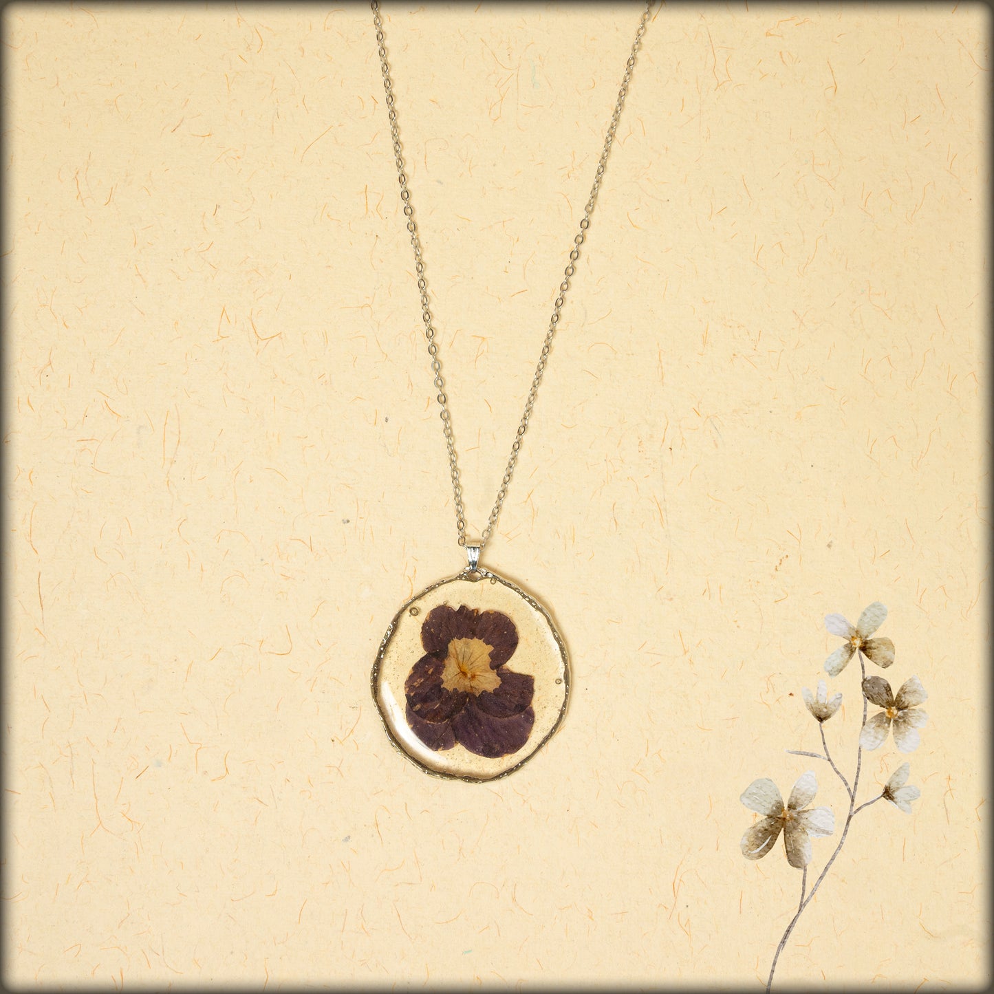 aura handcrafted purple pansy preserved flower jewellery necklace