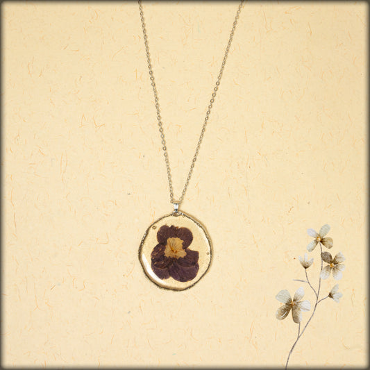 aura handcrafted purple pansy preserved flower jewellery necklace