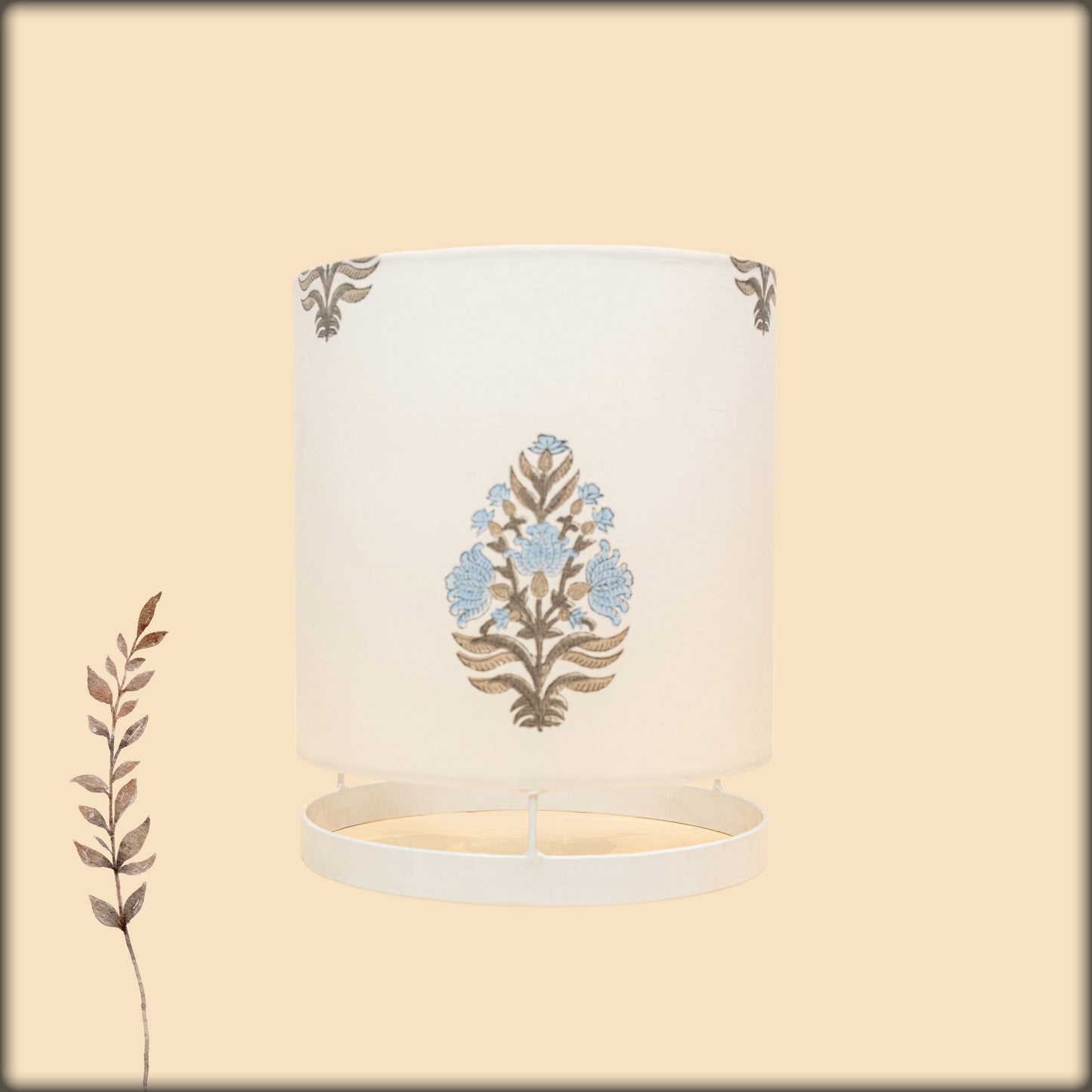 aura blue botanical floral fabric cylinder lamp