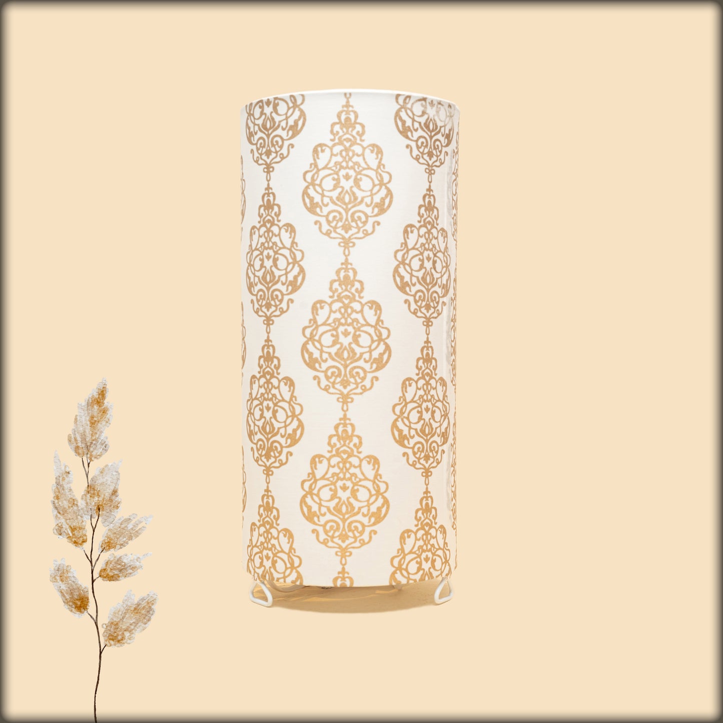 aura golden damask pattern fabric cylinder lamp