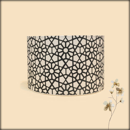 aura geometric mandala print fabric drum lamp - black & white