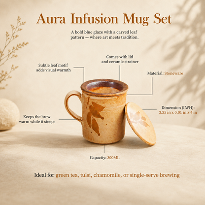 aura ceramic tea cup with infuser & lid | 300ml beige foliage mug
