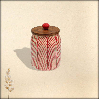Jar with wooden lid white with red motif