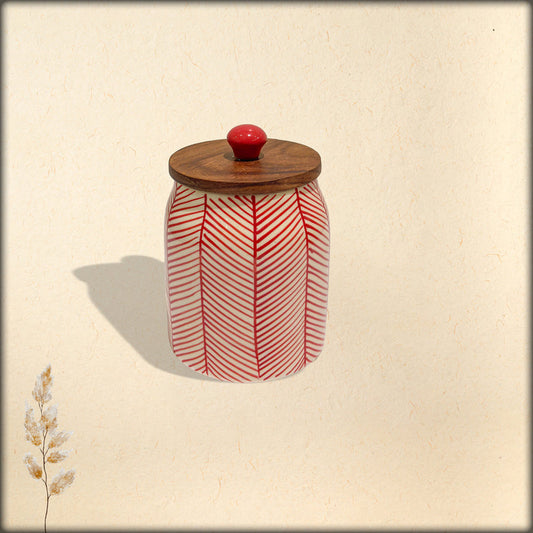 Jar with wooden lid white with red motif