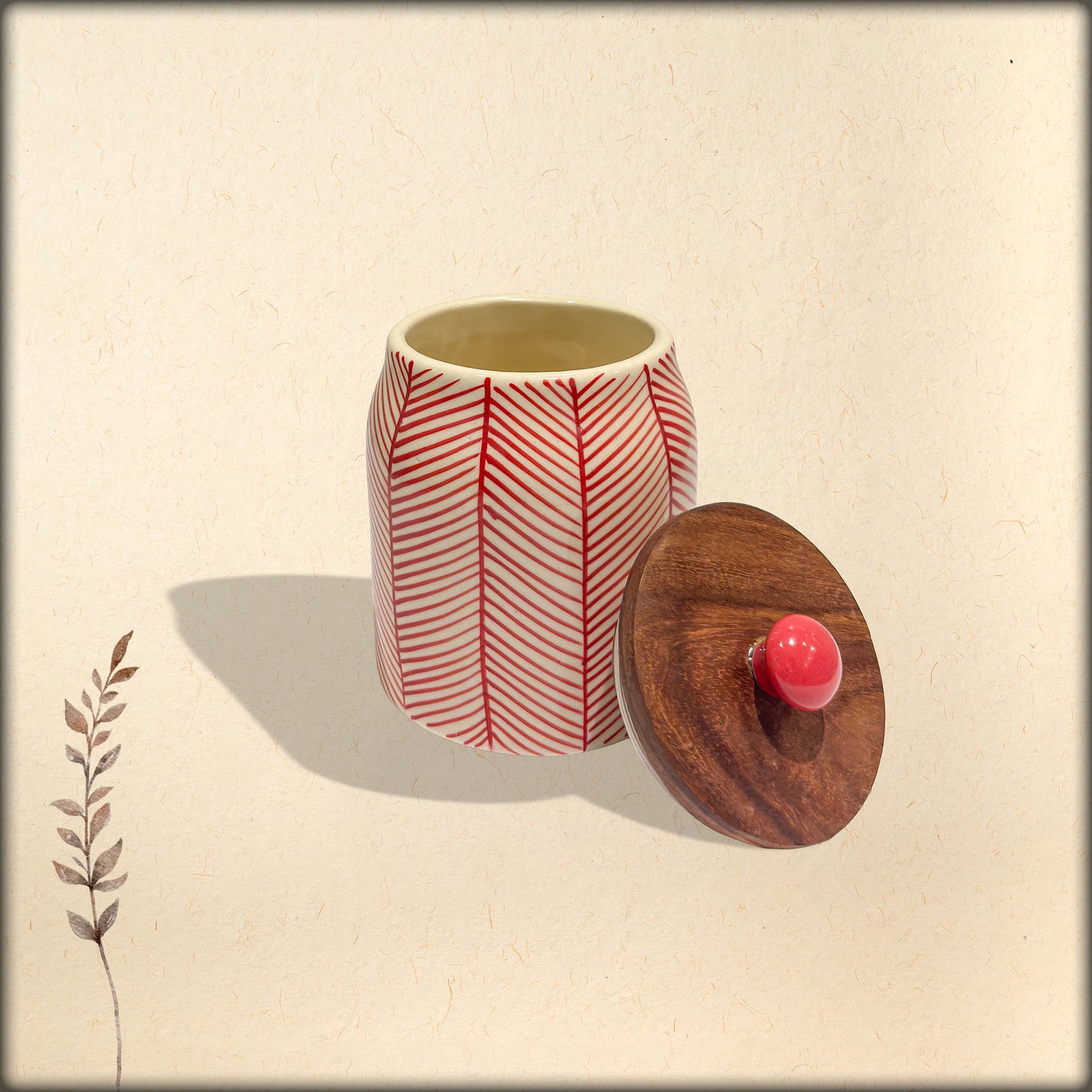 Jar with wooden lid white with red motif