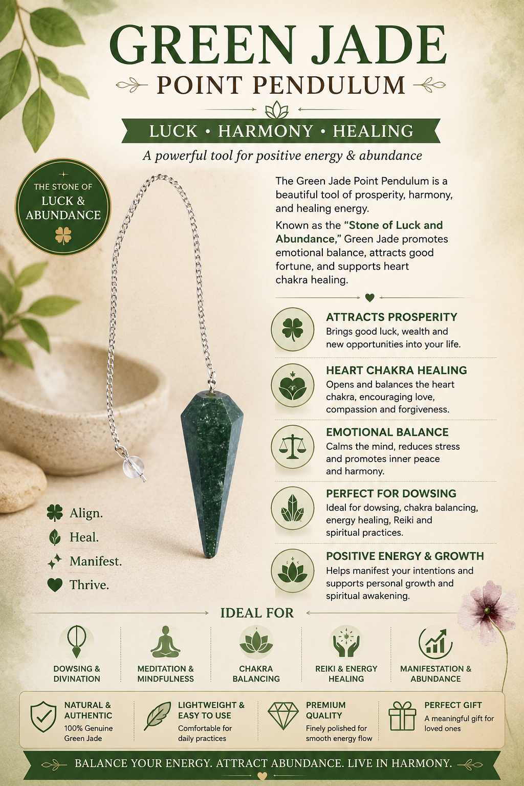 aura green jade dowsing cone pendulum | natural stone healing tool