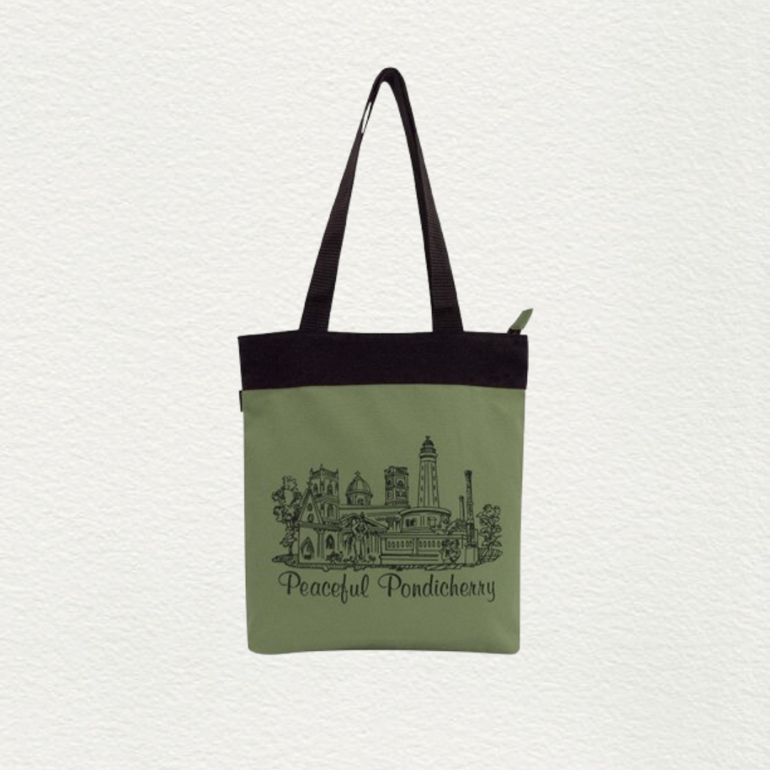 Cotton Canvas Printed Souvenir Green Bag - Pondicherry
