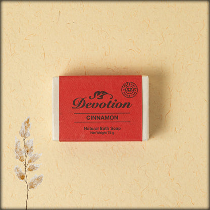 online shopping Devotion Cinnamon natural handmade bath bar enriched with cinnamon extracts, herbal ingredients, and natural oils for gentle cleansing, warm fragrance, and healthy, glowing skin available at aura store pondicherry