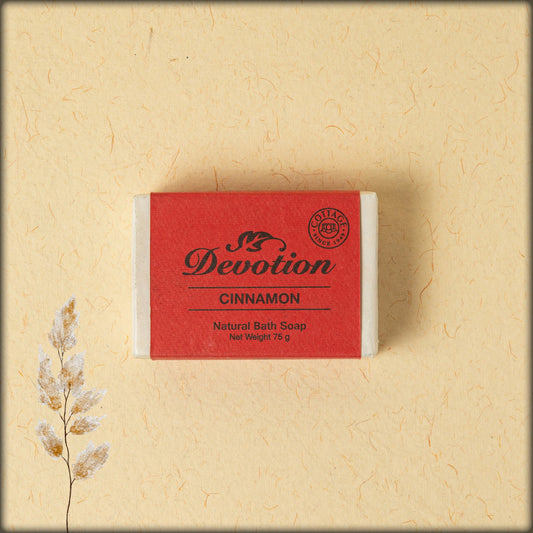 online shopping Devotion Cinnamon natural handmade bath bar enriched with cinnamon extracts, herbal ingredients, and natural oils for gentle cleansing, warm fragrance, and healthy, glowing skin available at aura store pondicherry