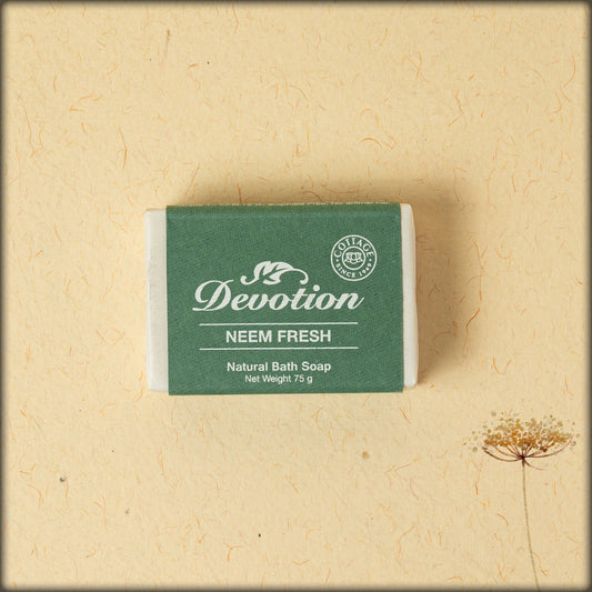 online shopping Devotion Neem Fresh natural handmade soap enriched with neem extracts, herbal ingredients, and natural oils for gentle cleansing, refreshed skin, and a healthy daily skincare routine from Sri Aurobindo Ashram, Pondicherry.