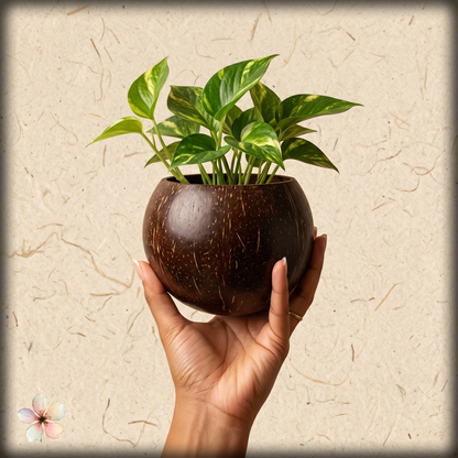 aura coconut shell planter pot with cork tray | eco-friendly indoor planter