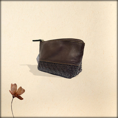 aura handwoven dark brown leather utility pouch