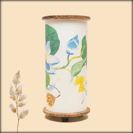 aura blue lotus fabric cylinder lamp with wooden base