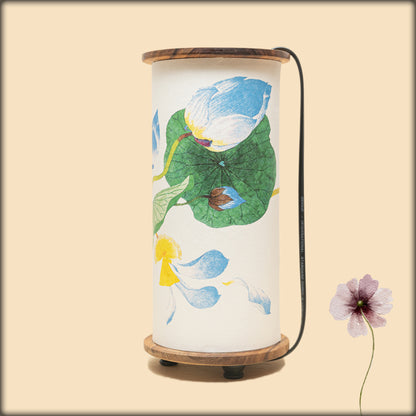 aura blue lotus fabric cylinder lamp with wooden base