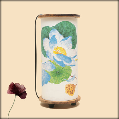 aura blue lotus fabric cylinder lamp with wooden base