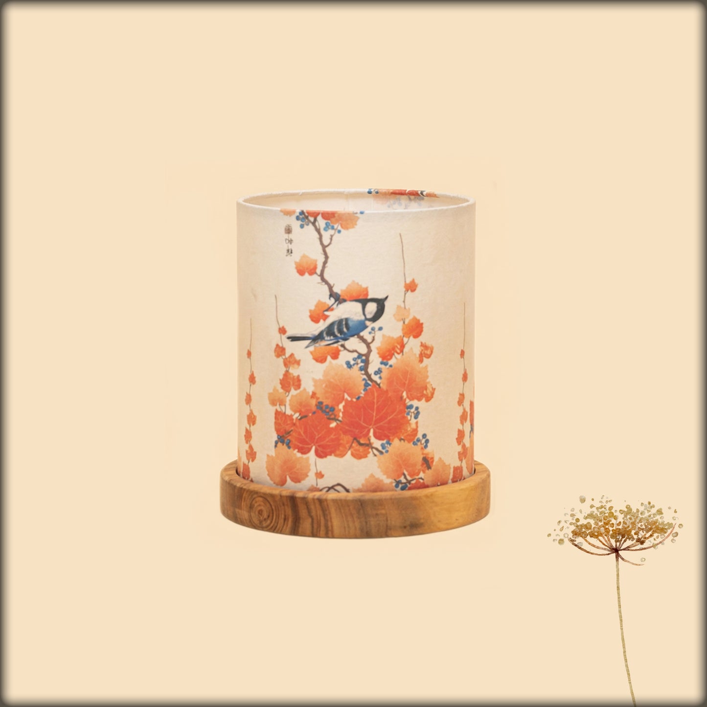 aura songbird and autumn vine botanical mini wooden table lamp