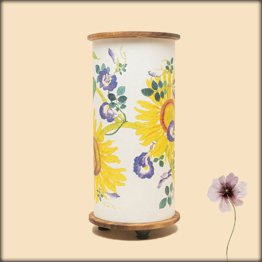 aura sunflower botanical fabric cylinder lamp with wooden base