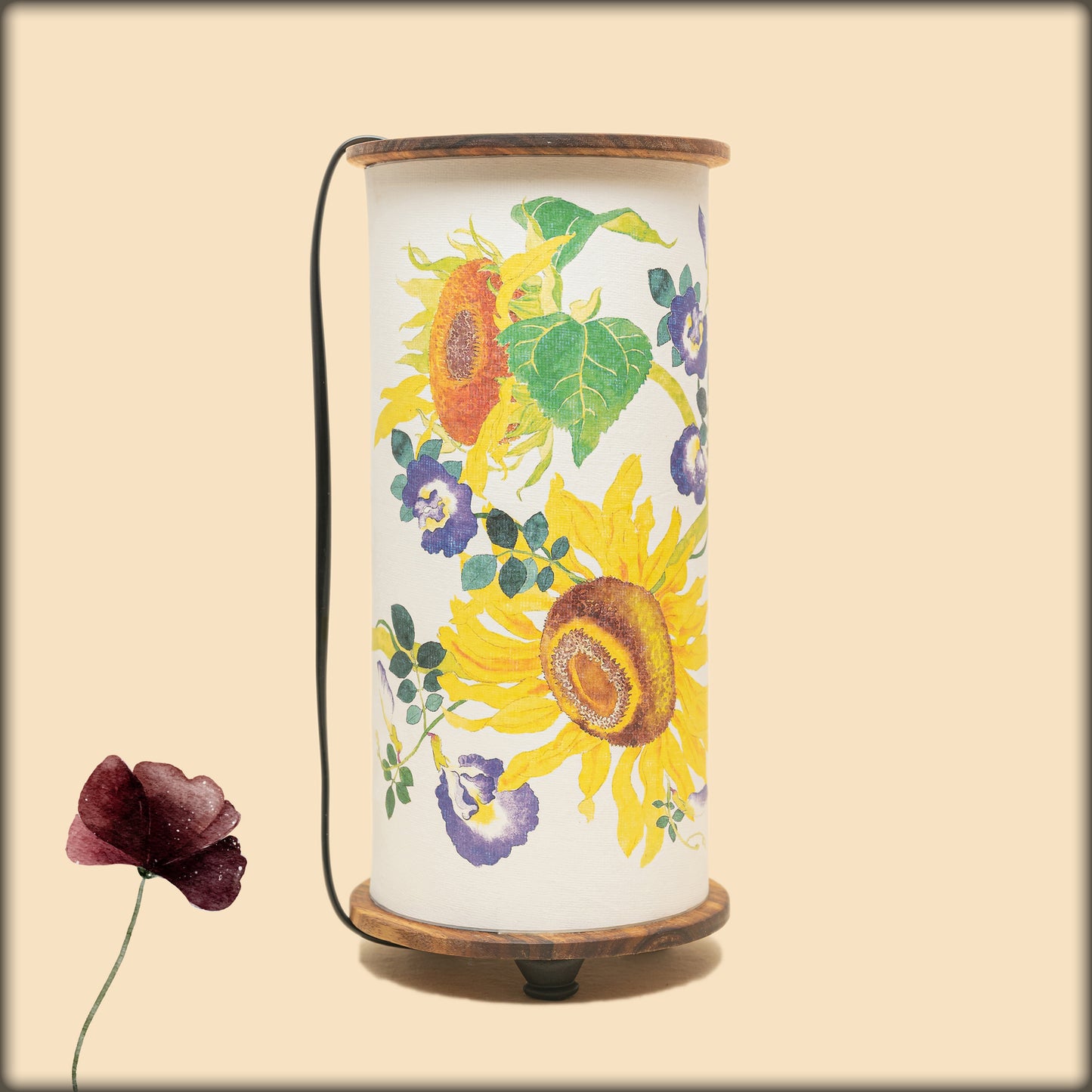 aura sunflower botanical fabric cylinder lamp with wooden base