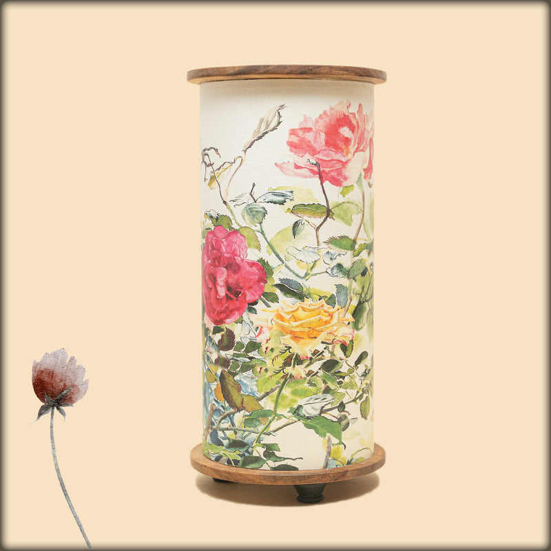 aura rose garden fabric cylinder lamp with wooden base