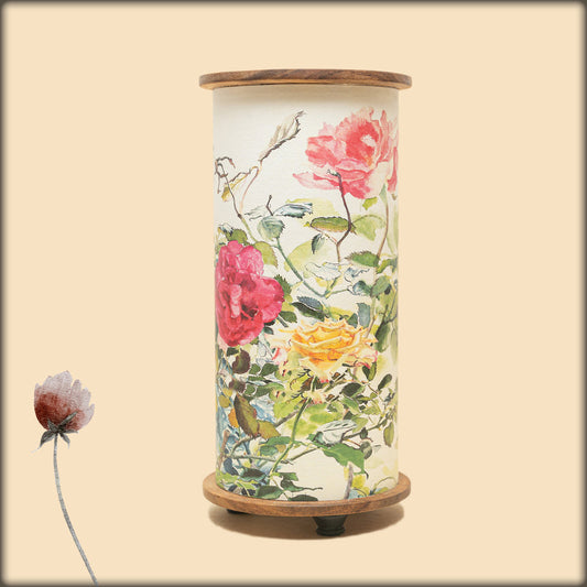 aura rose garden fabric cylinder lamp with wooden base