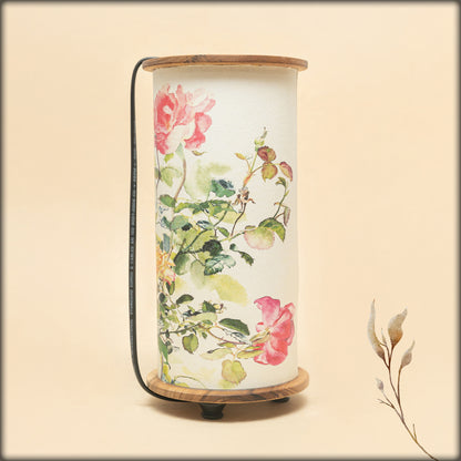 aura rose garden fabric cylinder lamp with wooden base