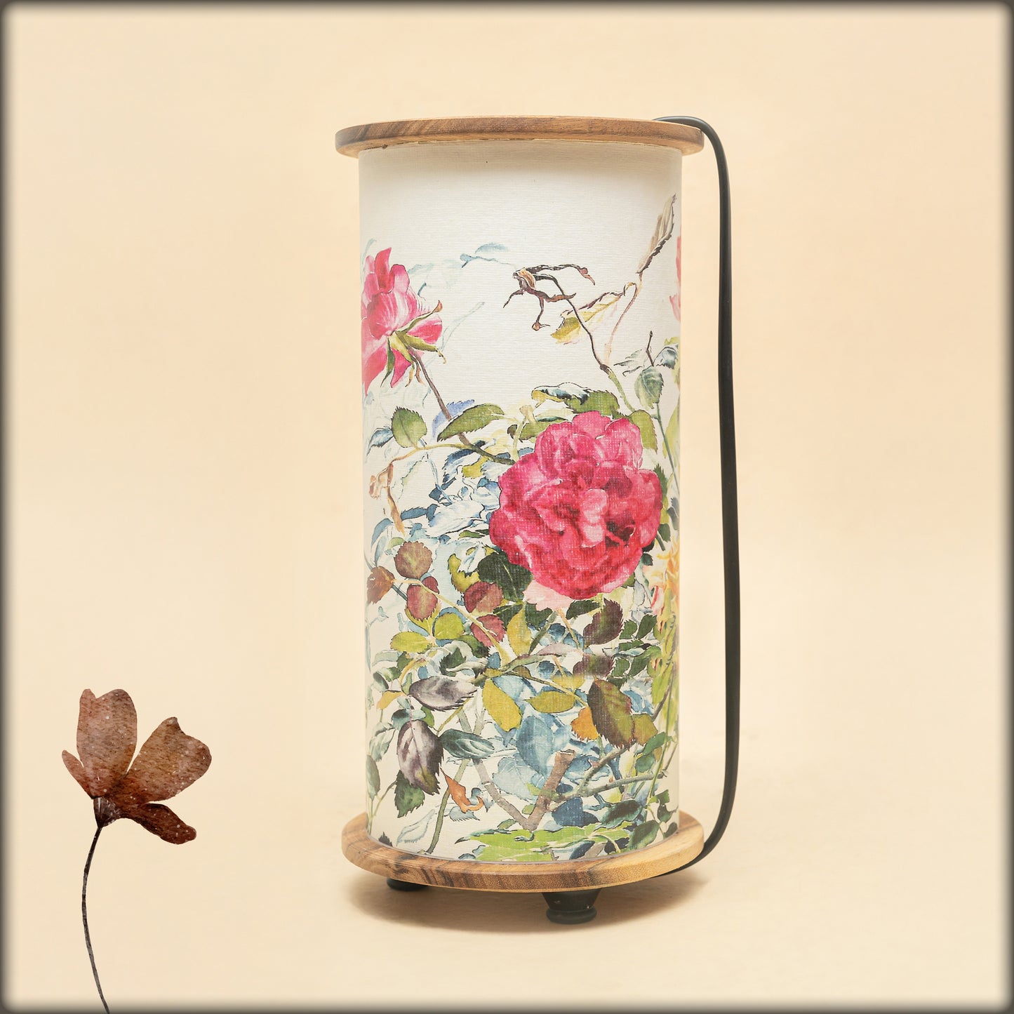 aura rose garden fabric cylinder lamp with wooden base