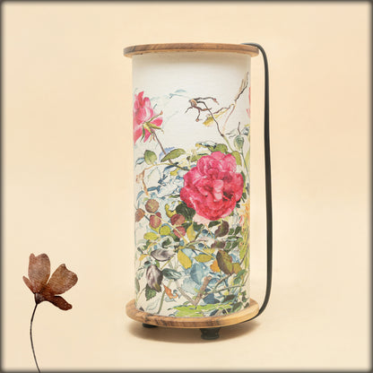 aura rose garden fabric cylinder lamp with wooden base