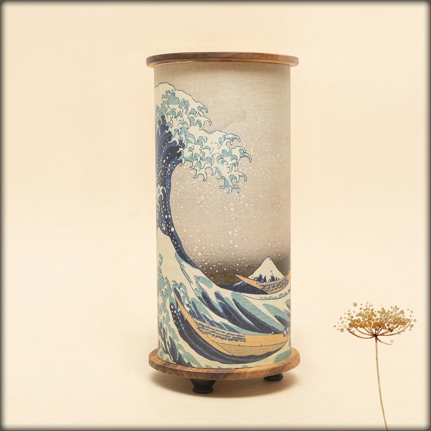 aura hokusai wave panorama artistic lamp with wooden base