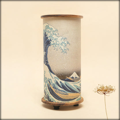 aura hokusai wave panorama artistic lamp with wooden base