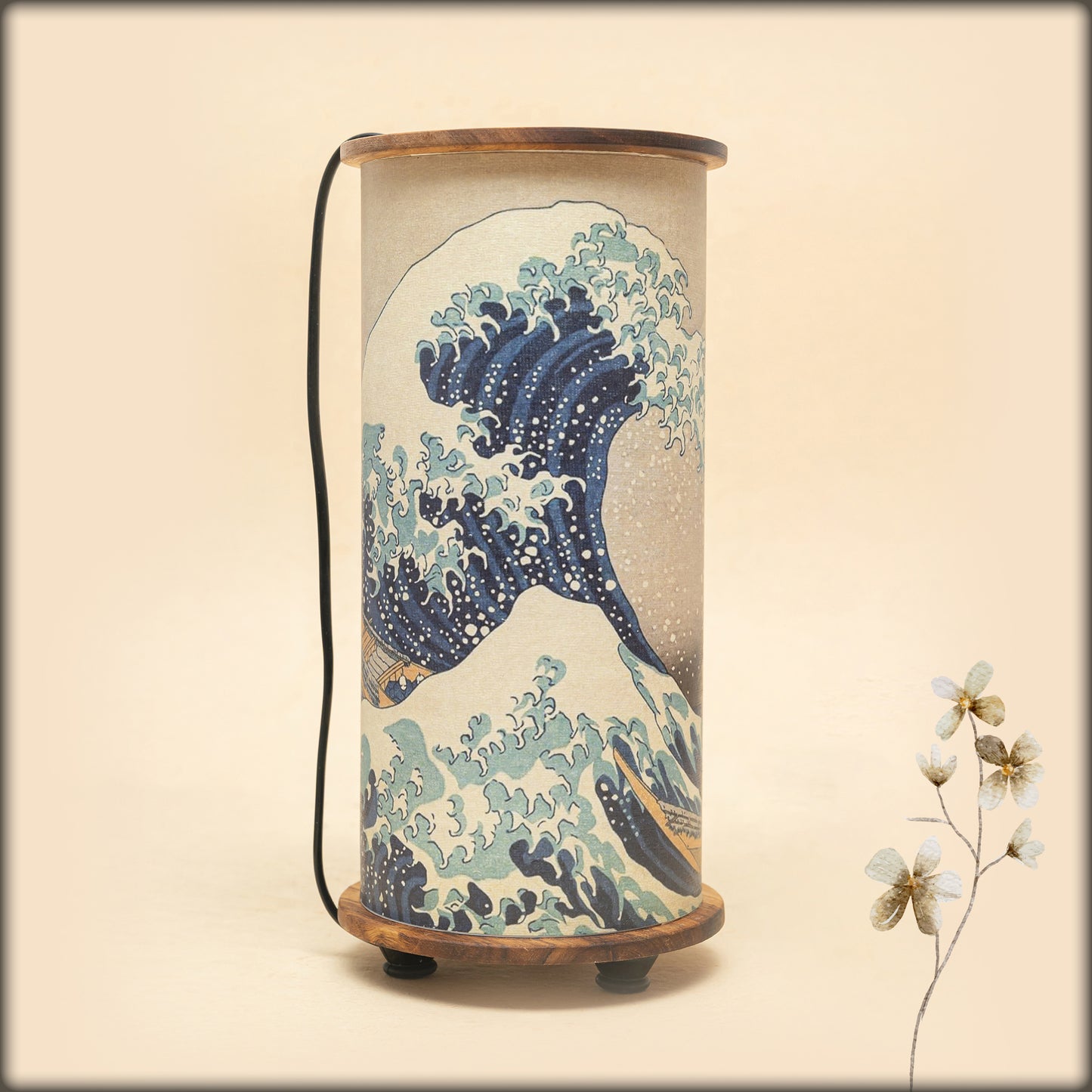 aura hokusai great wave cylinder lamp with wooden base