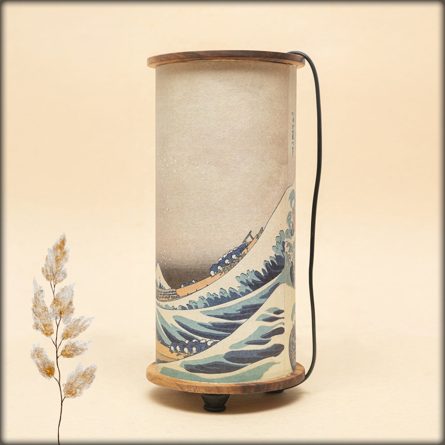 aura hokusai wave panorama artistic lamp with wooden base