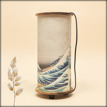 aura hokusai wave panorama artistic lamp with wooden base