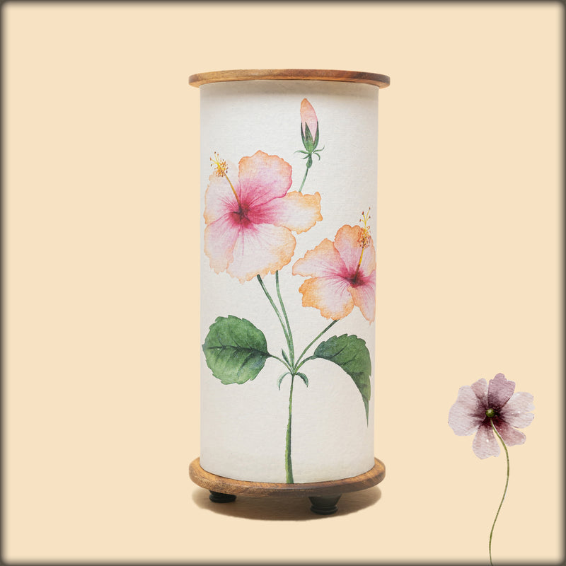 aura hibiscus botanical fabric cylinder lamp with wooden base