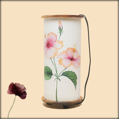 aura hibiscus botanical fabric cylinder lamp with wooden base