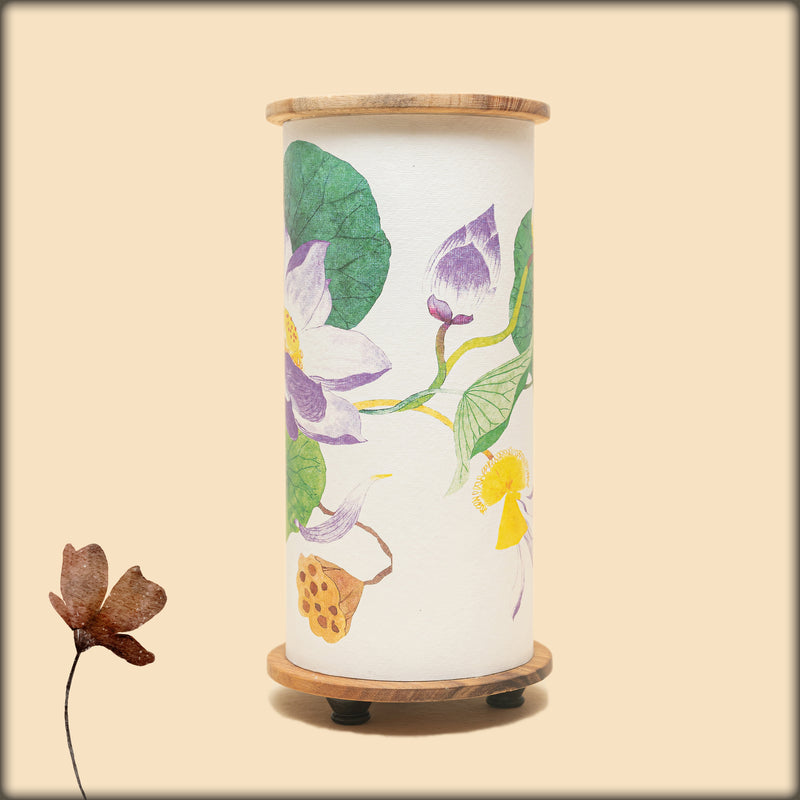 aura purple lotus fabric cylinder lamp with wooden base