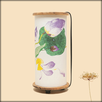 aura purple lotus fabric cylinder lamp with wooden base