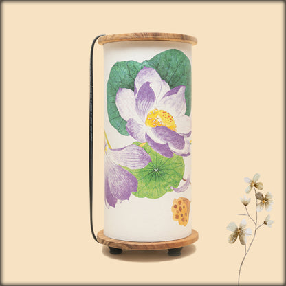aura purple lotus fabric cylinder lamp with wooden base