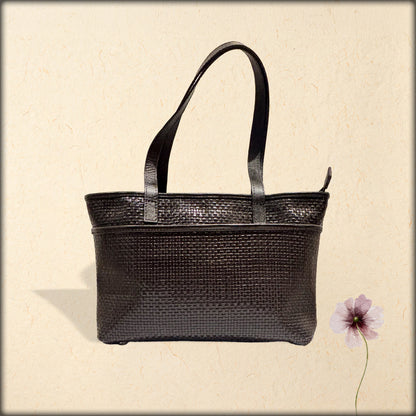 aura handwoven dark brown leather tote bag