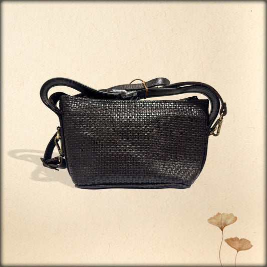 aura handwoven black leather crossbody handbag