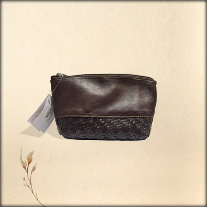aura handwoven dark brown leather utility pouch