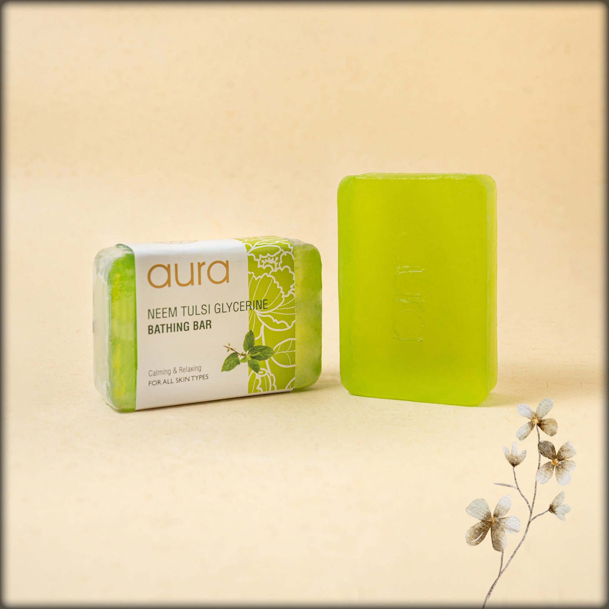 buy now Natural Neem and Tulsi glycerin soap with antibacterial properties for gentle daily cleansing at aura boutique pondicherry